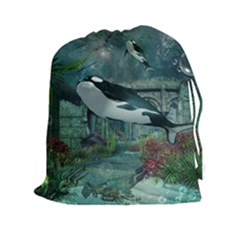 Wonderful Orca In Deep Underwater World Drawstring Pouches (xxl) by FantasyWorld7