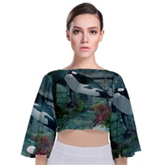 Wonderful Orca In Deep Underwater World Tie Back Butterfly Sleeve Chiffon Top by FantasyWorld7