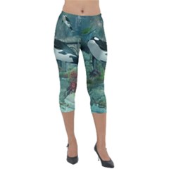 Wonderful Orca In Deep Underwater World Lightweight Velour Capri Leggings 