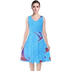 Hearts And Blue V-neck Midi Sleeveless Dress  by snowwhitegirl