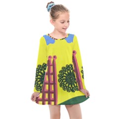 Pink House And Fence Kids  Long Sleeve Dress by snowwhitegirl