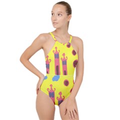 Three Houses Saying Ohhhh High Neck One Piece Swimsuit