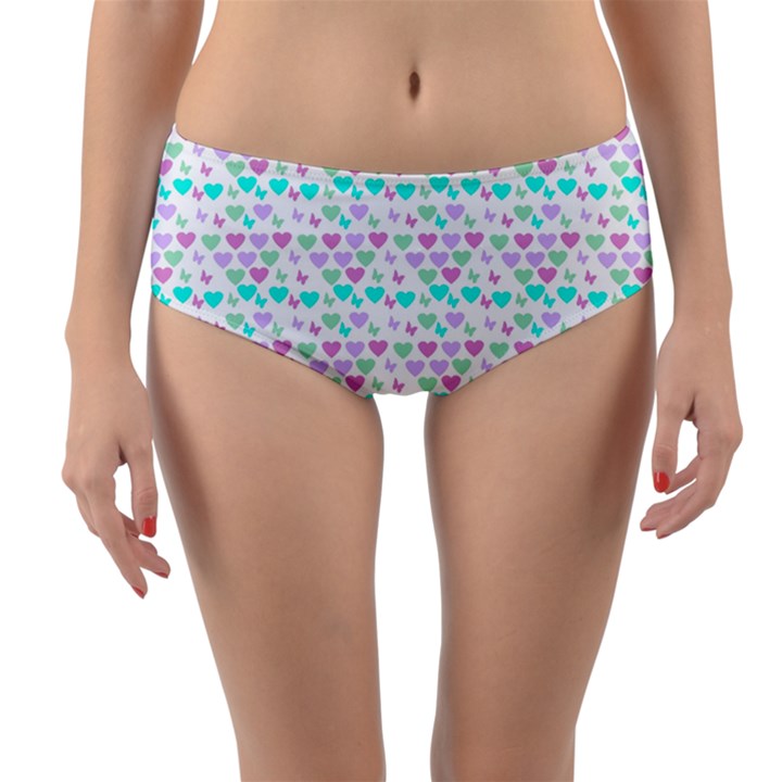 Hearts Butterflies White 1200 Reversible Mid-Waist Bikini Bottoms