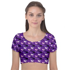 Snow Sleigh Deer Purple Velvet Short Sleeve Crop Top  by snowwhitegirl