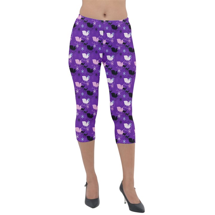 Snow Sleigh Deer Purple Lightweight Velour Capri Leggings 