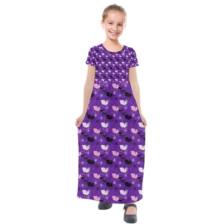 Snow Sleigh Deer Purple Kids  Short Sleeve Maxi Dress