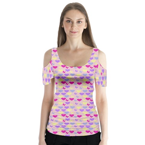 Hearts Butterflies Pink 1200 Butterfly Sleeve Cutout Tee  by snowwhitegirl