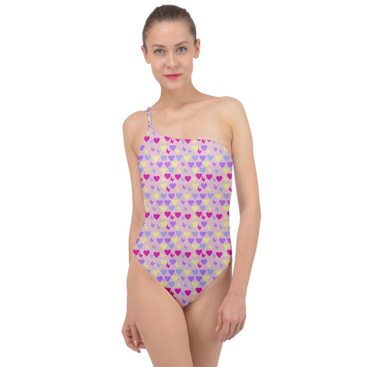 Hearts Butterflies Pink 1200 Classic One Shoulder Swimsuit