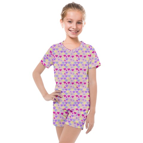 Hearts Butterflies Pink 1200 Kids  Mesh Tee And Shorts Set by snowwhitegirl