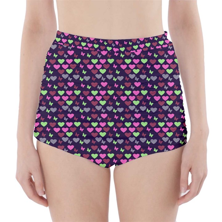 Hearts Butterflies Blue Pink High-Waisted Bikini Bottoms