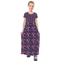 Hearts Butterflies Blue Pink Kids  Short Sleeve Maxi Dress