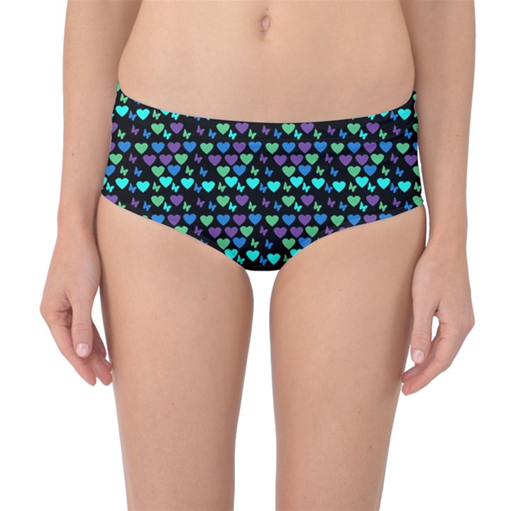 Hearts Butterflies Black Mid-Waist Bikini Bottoms