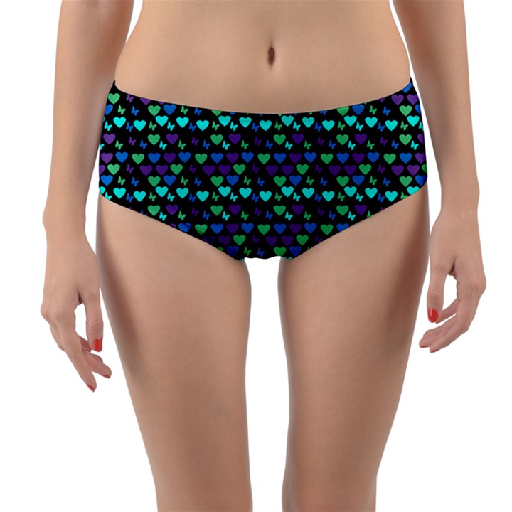 Hearts Butterflies Black Reversible Mid-Waist Bikini Bottoms