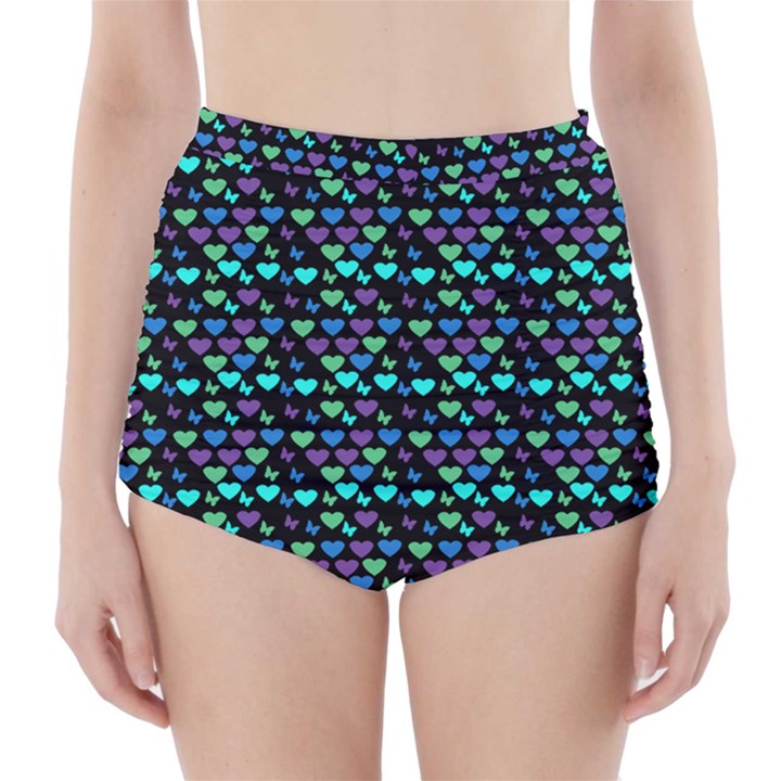 Hearts Butterflies Black High-Waisted Bikini Bottoms