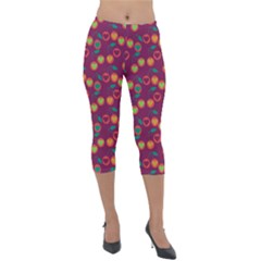 Heart Cherries Magenta Lightweight Velour Capri Leggings 