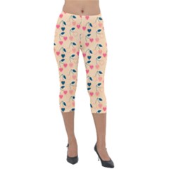 Heart Cherries Cream Lightweight Velour Capri Leggings  by snowwhitegirl