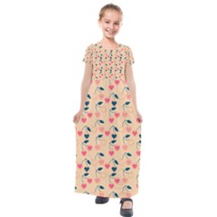 Heart Cherries Cream Kids  Short Sleeve Maxi Dress