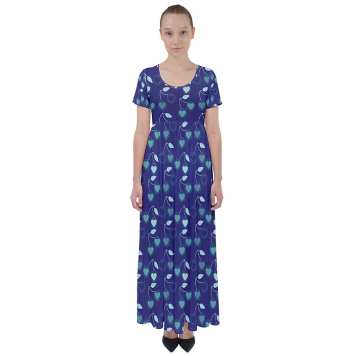 Heart Cherries Blue High Waist Short Sleeve Maxi Dress