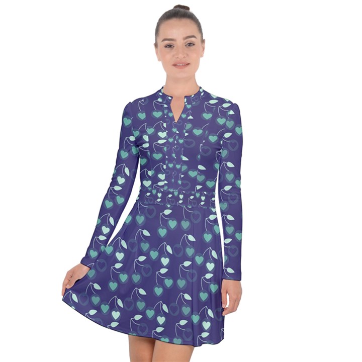 Heart Cherries Blue Long Sleeve Panel Dress