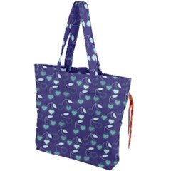 Heart Cherries Blue Drawstring Tote Bag