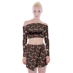 Heart Cherries Brown Off Shoulder Top With Mini Skirt Set by snowwhitegirl