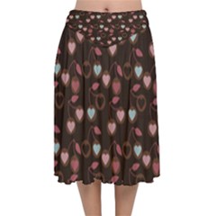 Heart Cherries Brown Velvet Flared Midi Skirt