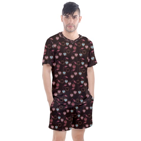 Heart Cherries Brown Men s Mesh Tee And Shorts Set by snowwhitegirl