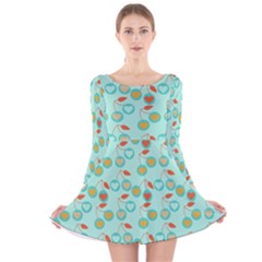 Light Teal Heart Cherries Long Sleeve Velvet Skater Dress by snowwhitegirl