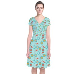 Light Teal Heart Cherries Short Sleeve Front Wrap Dress by snowwhitegirl