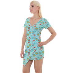 Light Teal Heart Cherries Short Sleeve Asymmetric Mini Dress by snowwhitegirl