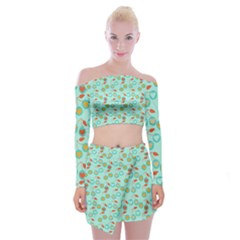 Light Teal Heart Cherries Off Shoulder Top With Mini Skirt Set by snowwhitegirl