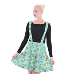 Light Teal Heart Cherries Suspender Skater Skirt