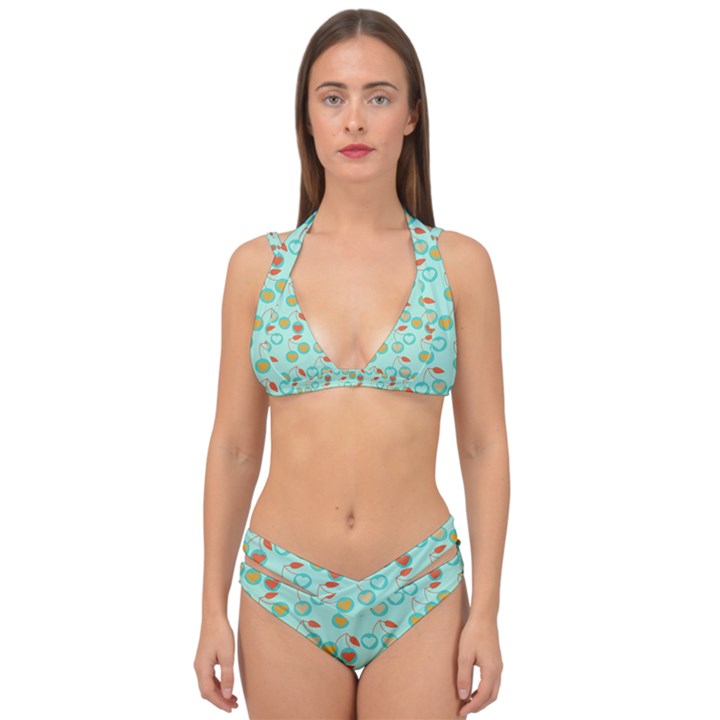 Light Teal Heart Cherries Double Strap Halter Bikini Set