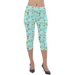 Light Teal Heart Cherries Lightweight Velour Capri Leggings  by snowwhitegirl