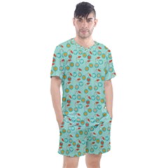 Light Teal Heart Cherries Men s Mesh Tee And Shorts Set