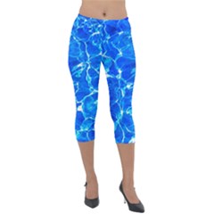 Blue Clear Water Texture Lightweight Velour Capri Leggings  by FunnyCow