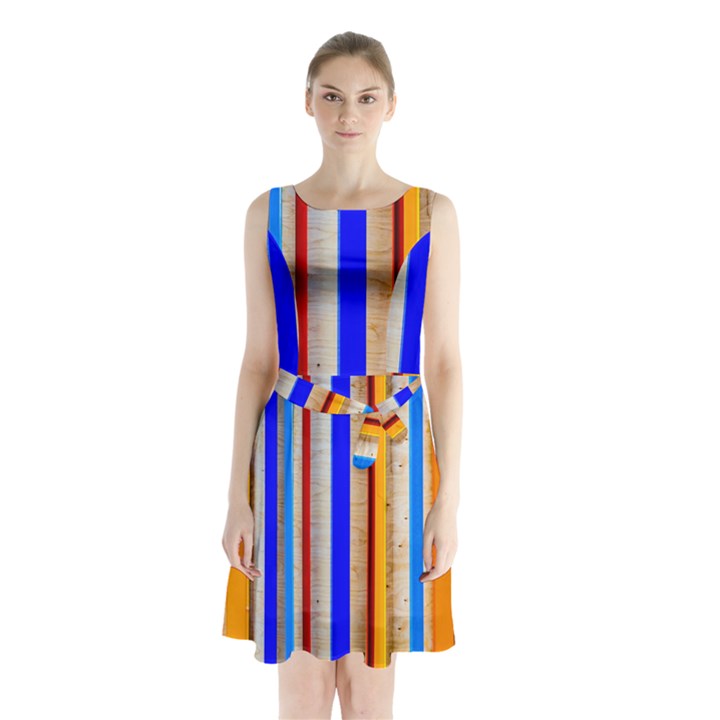 Colorful Wood And Metal Pattern Sleeveless Waist Tie Chiffon Dress