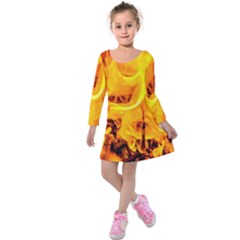 Fire And Flames Kids  Long Sleeve Velvet Dress by FunnyCow