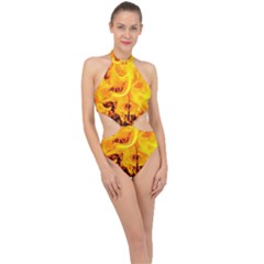 Fire And Flames Halter Side Cut Swimsuit by FunnyCow