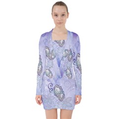 Wonderful Butterlies With Flowers V-neck Bodycon Long Sleeve Dress by FantasyWorld7