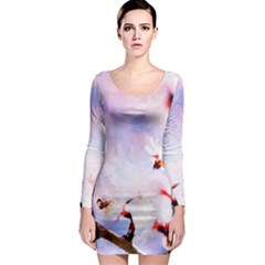 Pink Sakura Purple Background Long Sleeve Bodycon Dress by FunnyCow