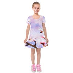 Pink Sakura Purple Background Kids  Short Sleeve Velvet Dress by FunnyCow