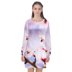 Pink Sakura Purple Background Long Sleeve Chiffon Shift Dress  by FunnyCow