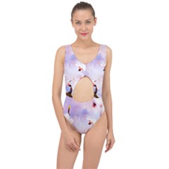 Pink Sakura Purple Background Center Cut Out Swimsuit