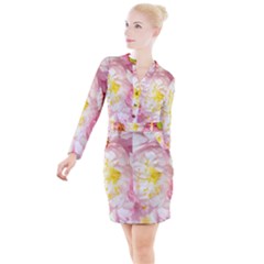 Pink Flowering Almond Flowers Button Long Sleeve Dress by FunnyCow