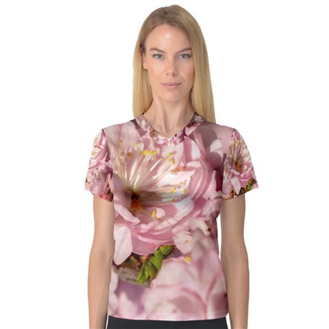 Beautiful Flowering Almond V-neck Sport Mesh Tee by FunnyCow