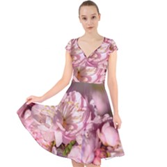 Beautiful Flowering Almond Cap Sleeve Front Wrap Midi Dress by FunnyCow