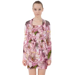 Beautiful Flowering Almond V-neck Bodycon Long Sleeve Dress by FunnyCow