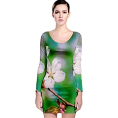 Sakura Flowers On Green Long Sleeve Bodycon Dress by FunnyCow