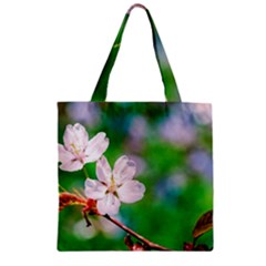 Sakura Flowers On Green Zipper Grocery Tote Bag by FunnyCow